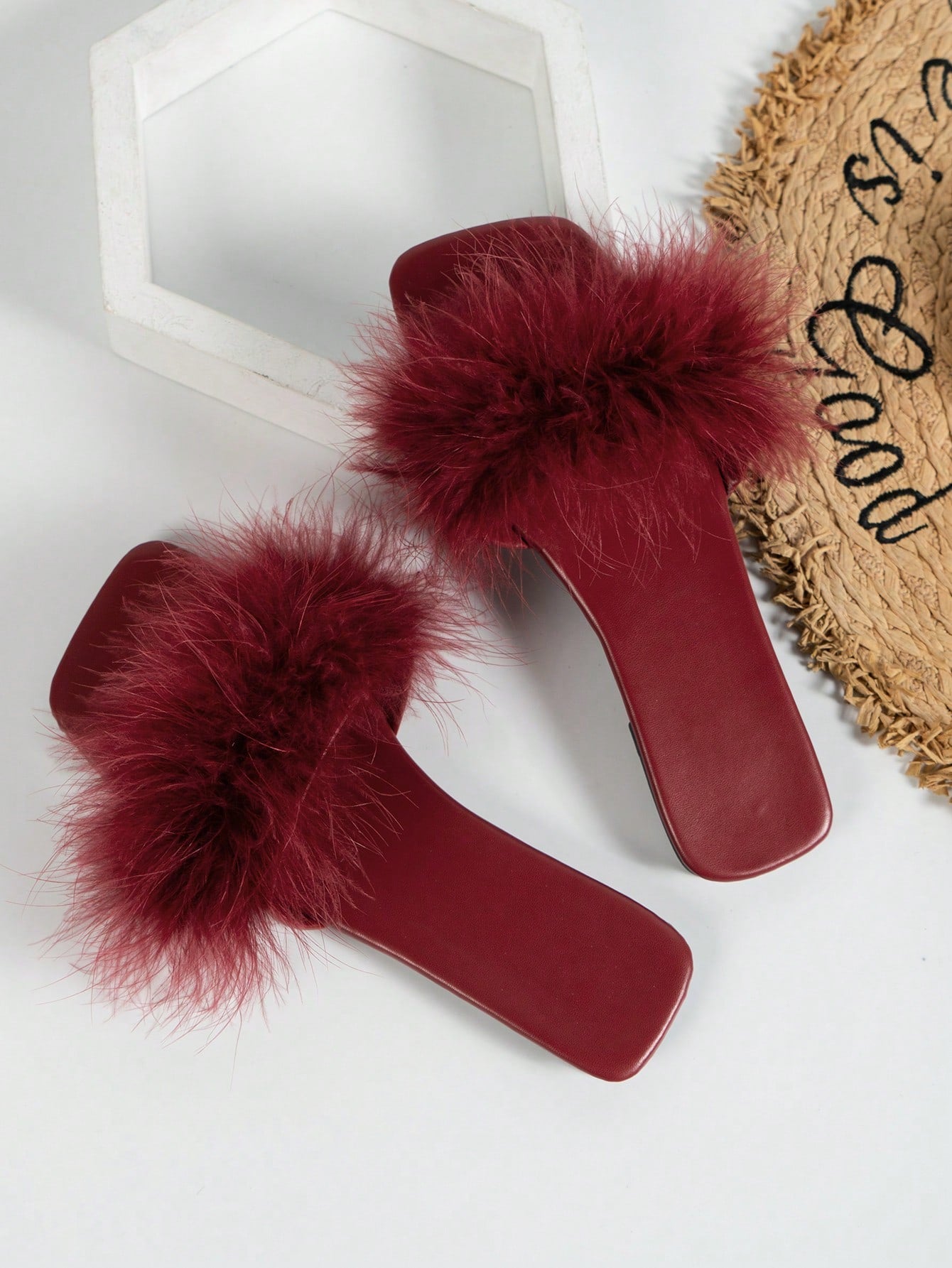 Women Plush Decor Flat Sandals, Glamorous Outdoor Pink Slide Sandals