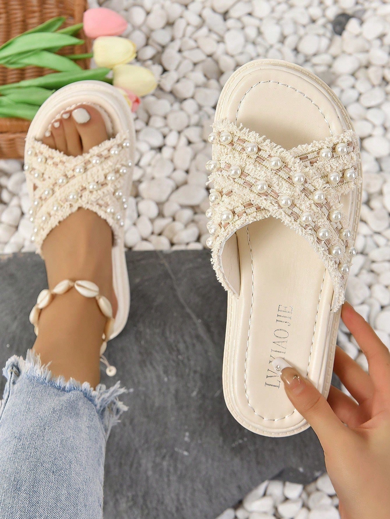 Preppy Wedge Slide Sandals For Women, Faux Pearl Decor Raw Trim Cross Strap Flatform Sandals