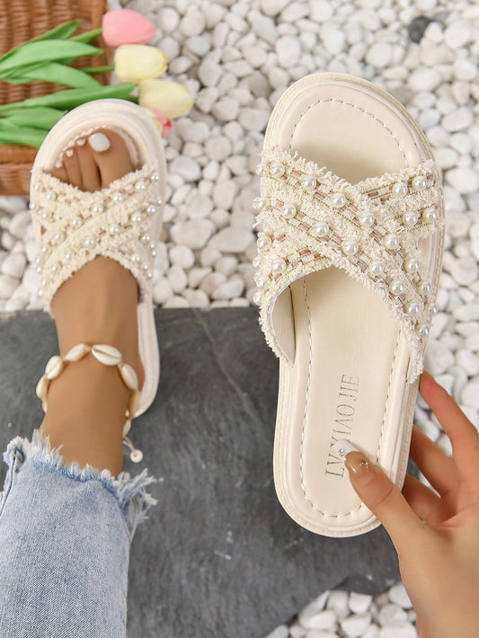 Preppy Wedge Slide Sandals For Women, Faux Pearl Decor Raw Trim Cross Strap Flatform Sandals