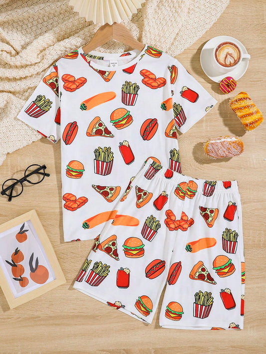 Tween Boy Food Print Tee & Shorts PJ Set