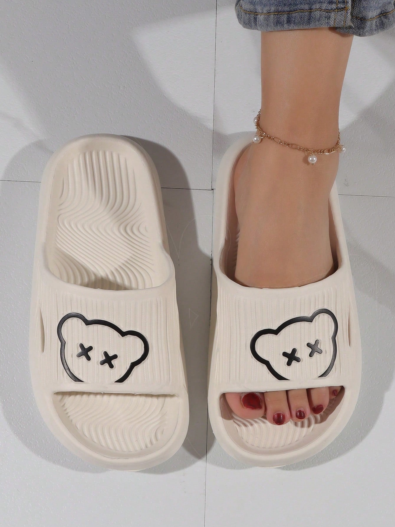 Fashionable Slides For Women, Cartoon Bear Pattern Single Band Indoor EVA Slippers