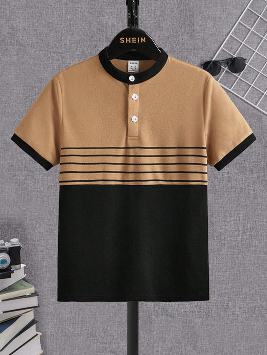 Tween Boy Color Block Polo Shirt With Stand Collar