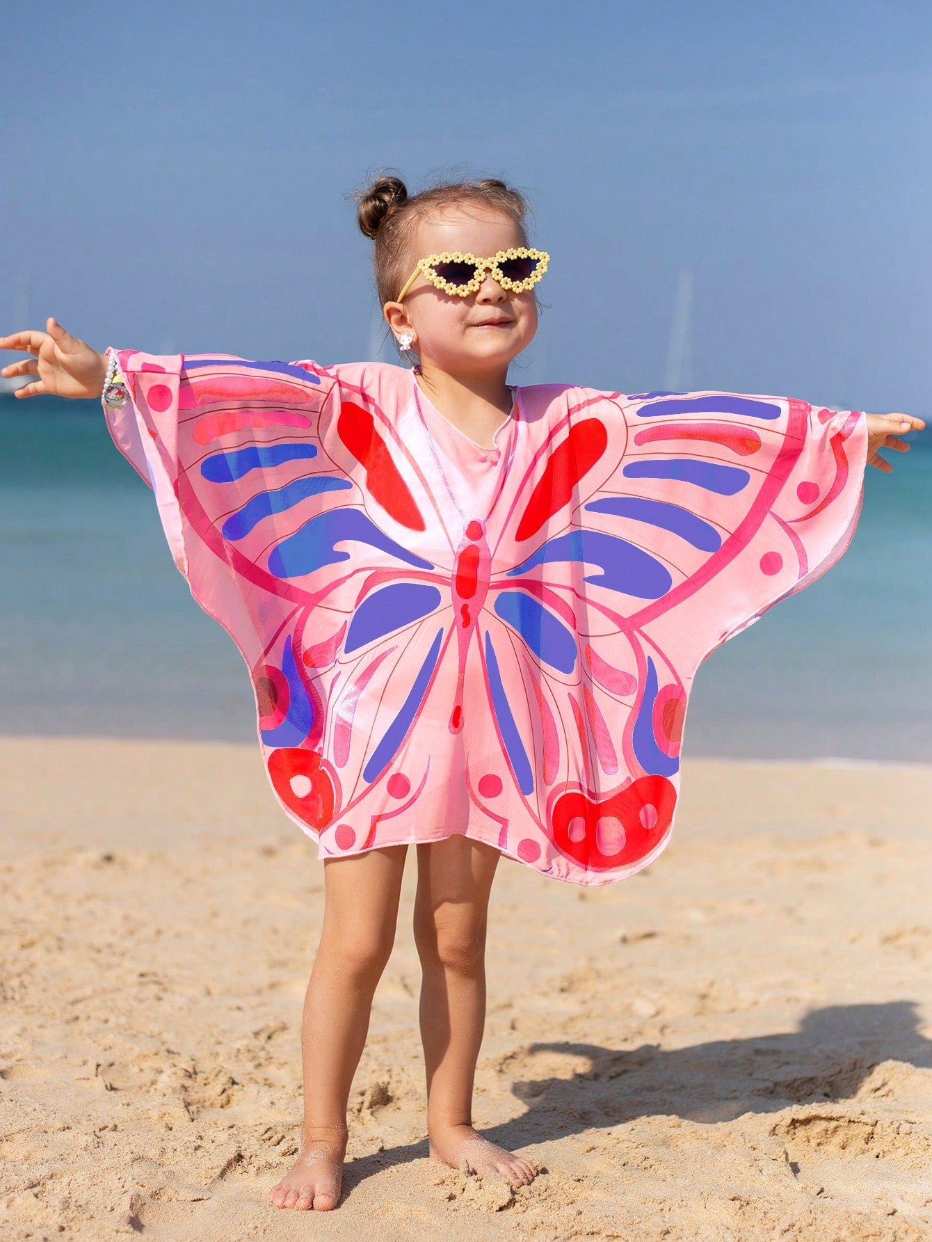 Young Girl Cute Pink Butterfly Shaped Mesh Cover-Up, Comfortable And Breathable, Sun Protection For Summer Holidays