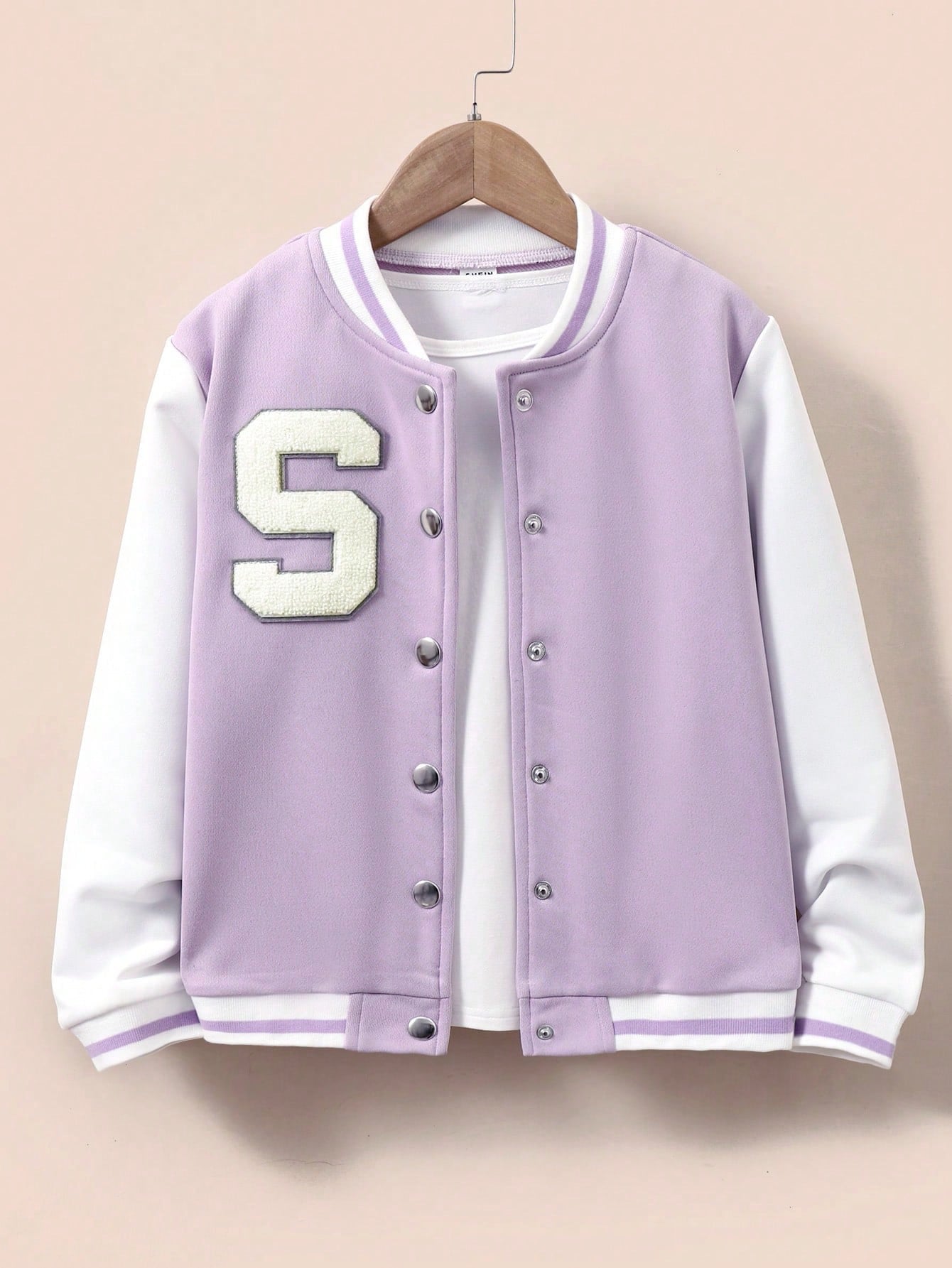 Tween Girls' Solid Color Patchwork Front Button Long Sleeve Letter Varsity Jacket, Casual Daily Wear