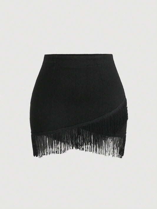 Plus Fringe Trim Wrap Denim Skirt