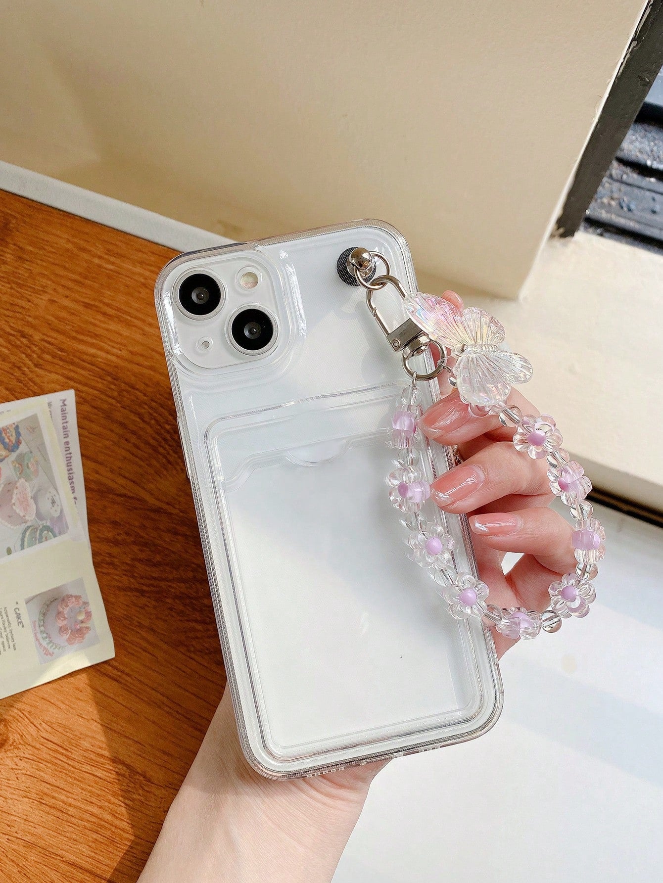 Clear Card Slot Phone Case With Butterfly Decor Lanyard Compatible With IPhone 11,IPhone 13,Xiaomi Redmi 9A