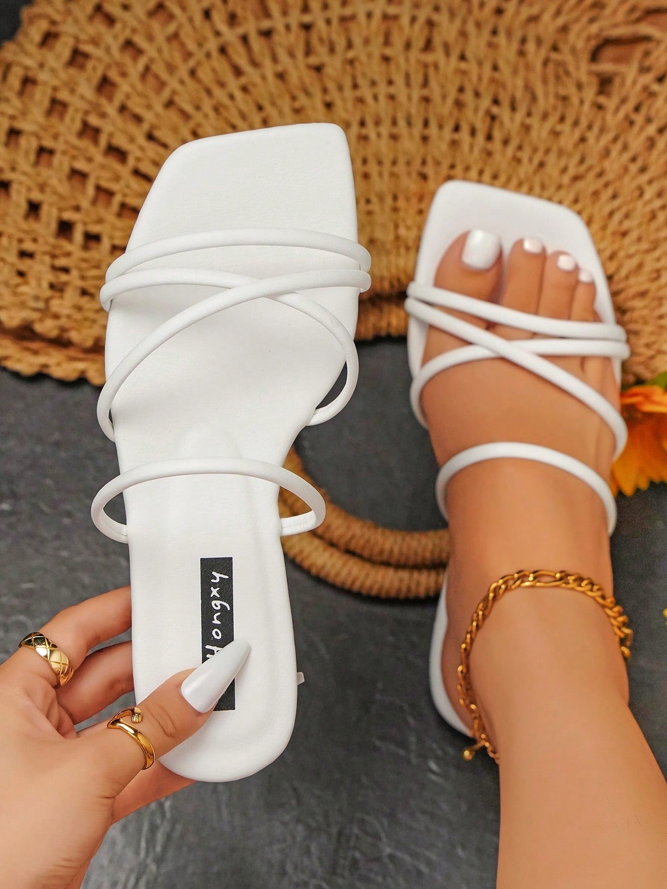 Cross Strap Slide Sandals, Beige Elegant Solid Color Slippers