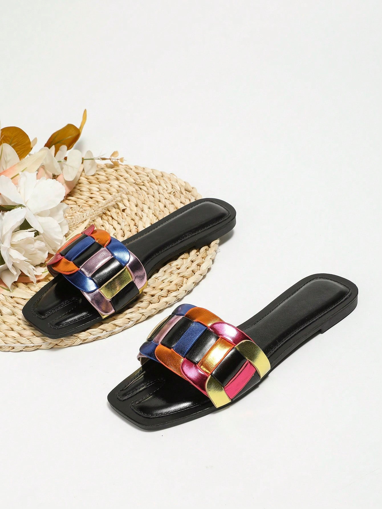 Fashionable Slide Sandals For Women, Colorblock Metallic Single Band Flat Sandals