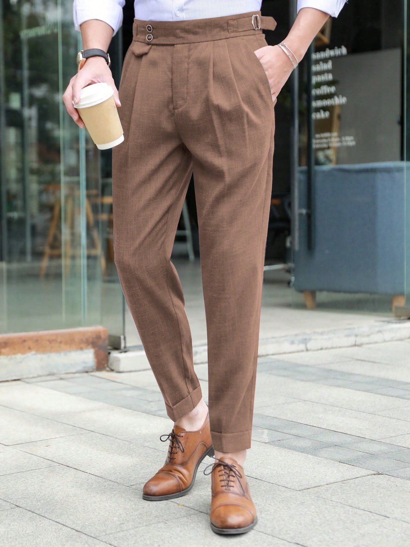 Men Buckled Detail Slant Pocket Suit Pants