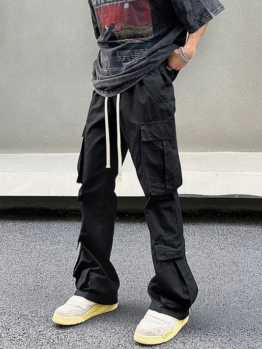 Men Flap Pocket Side Drawstring Waist Cargo Pants Long Plain Black Going Out