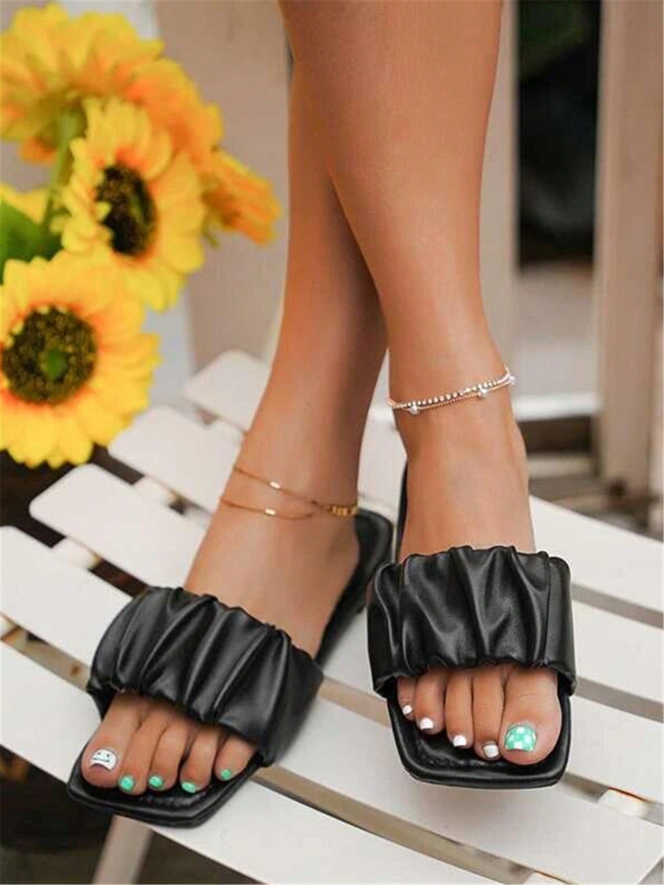 Women Minimalist Ruched Detail Slide Sandals, Elegant Summer Flat Sandals