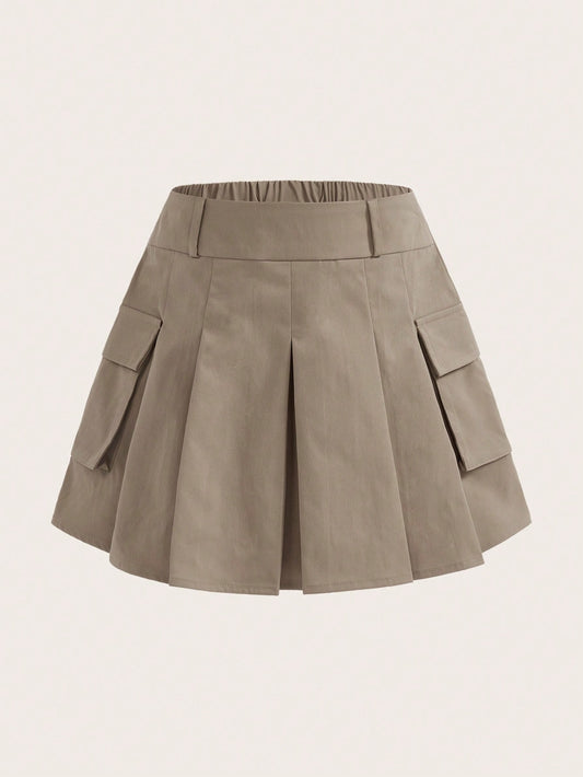 Tween Girl's Woven Solid Color Loose Casual Pleated Skirt