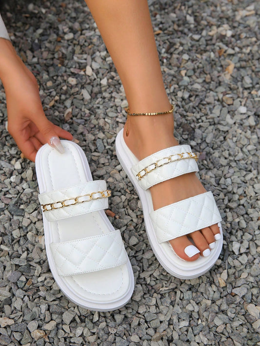 Women Quilted Chain Decor Flat Sandals, Fashion White Slide Sandals