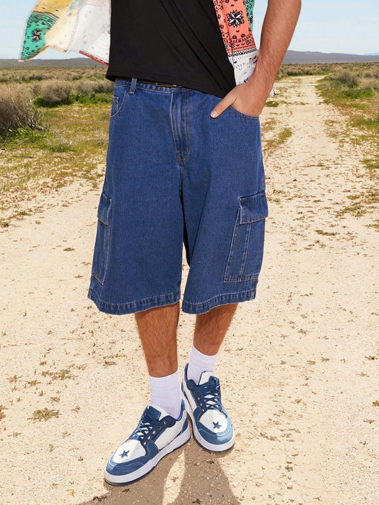 Men's Loose Denim Shorts With Flap Pockets And Side Stripes Baggy Long Plain Dark Blue Going Out Funny Couple Matching