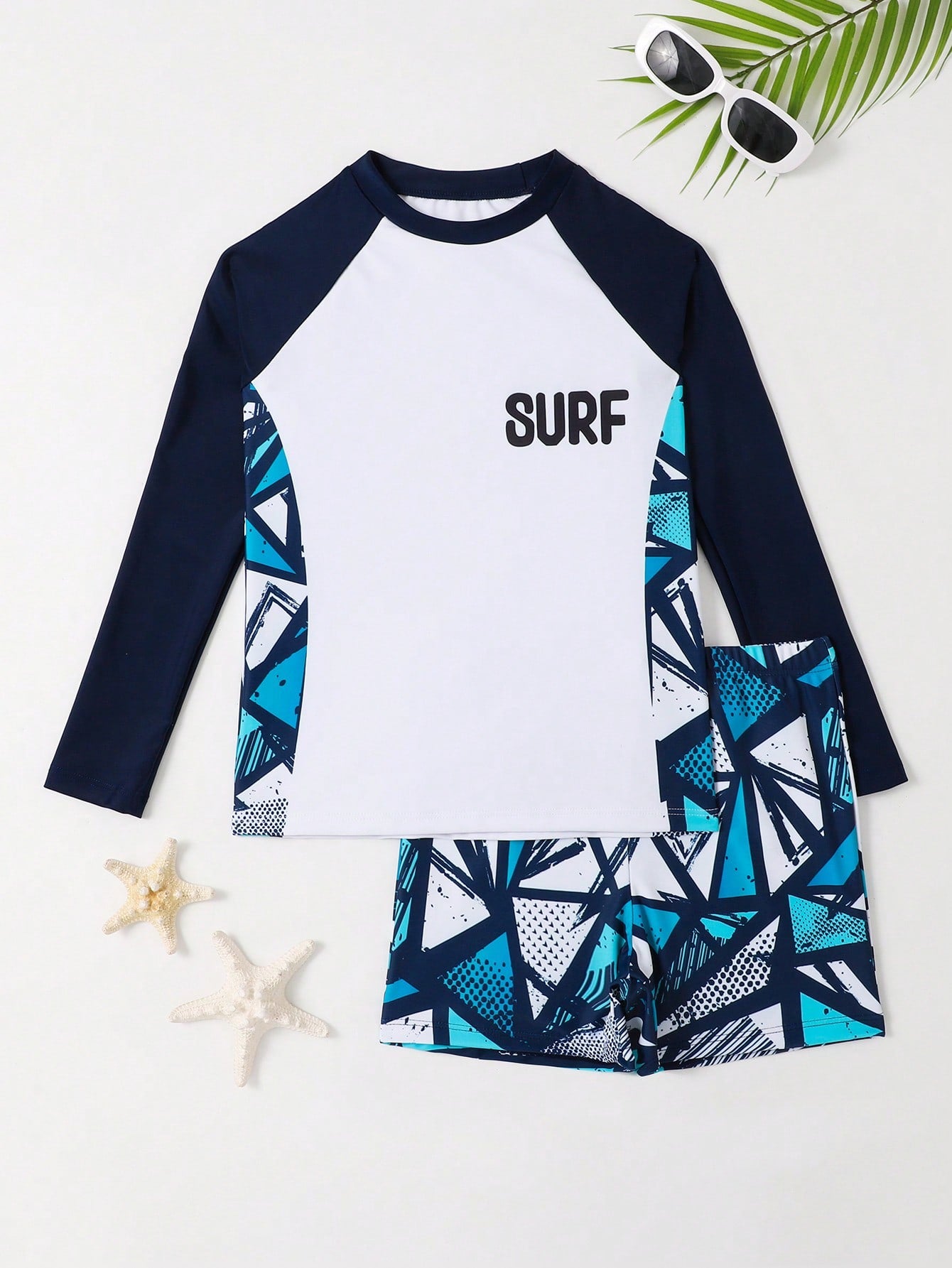 Tween Boys' Swimwear, Teenage High-Neck Letter Printed Beach Swimwear With Random Printed Bottoms