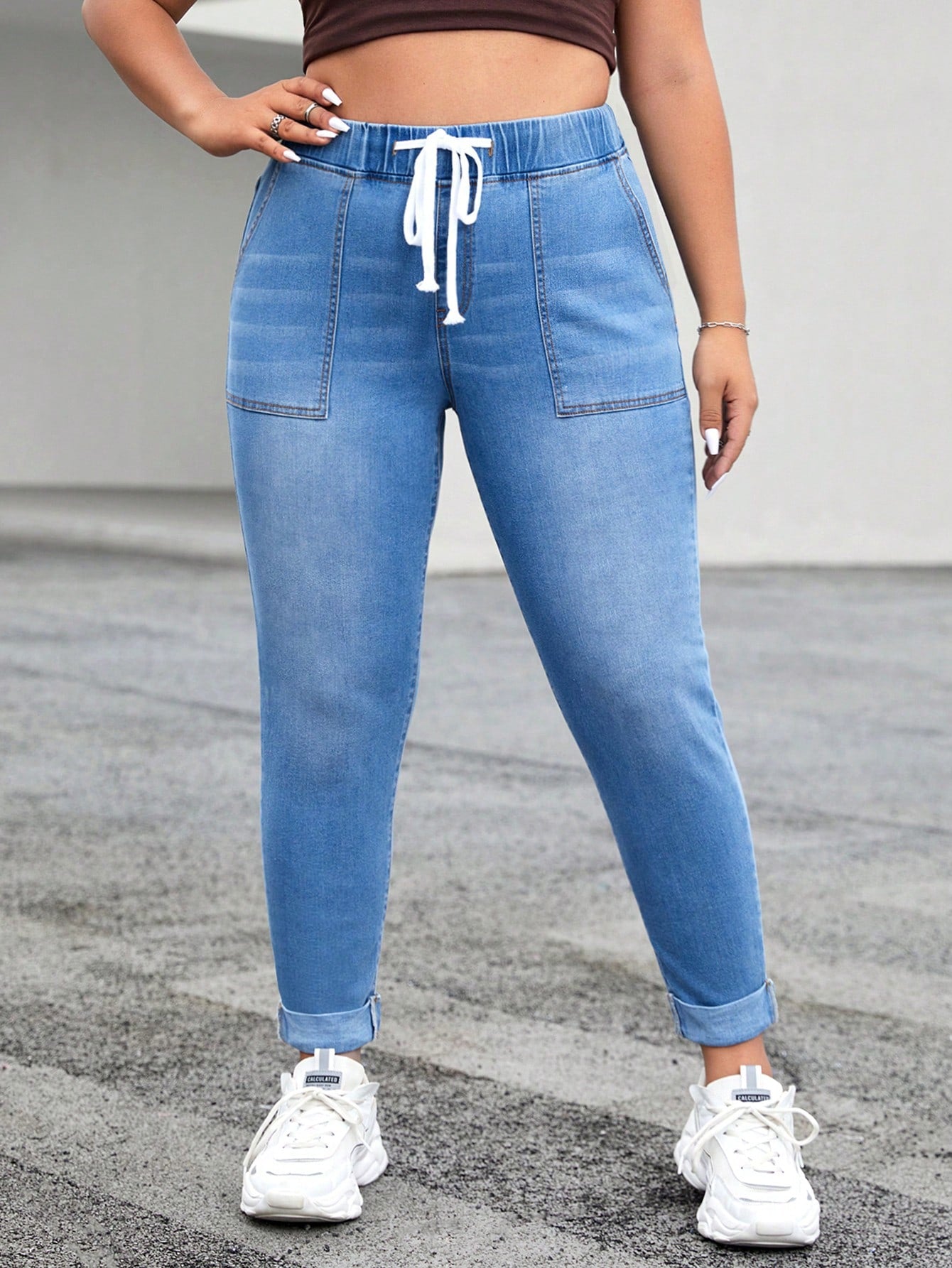 Plus Drawstring Waist Roll Up Hem Skinny Jeans