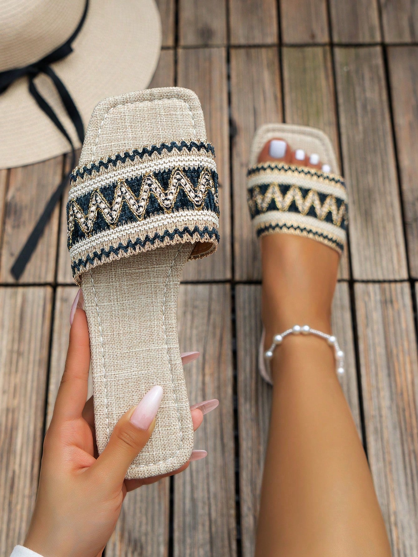 Women Chevron Pattern Flat Sandals, Vacation Fabric Slide Sandals Boho