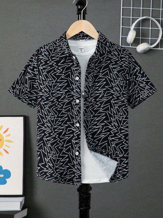 Tween Boys' Casual Geometric Pattern Printed Turn-Down Collar Short Sleeve Woven Shirt