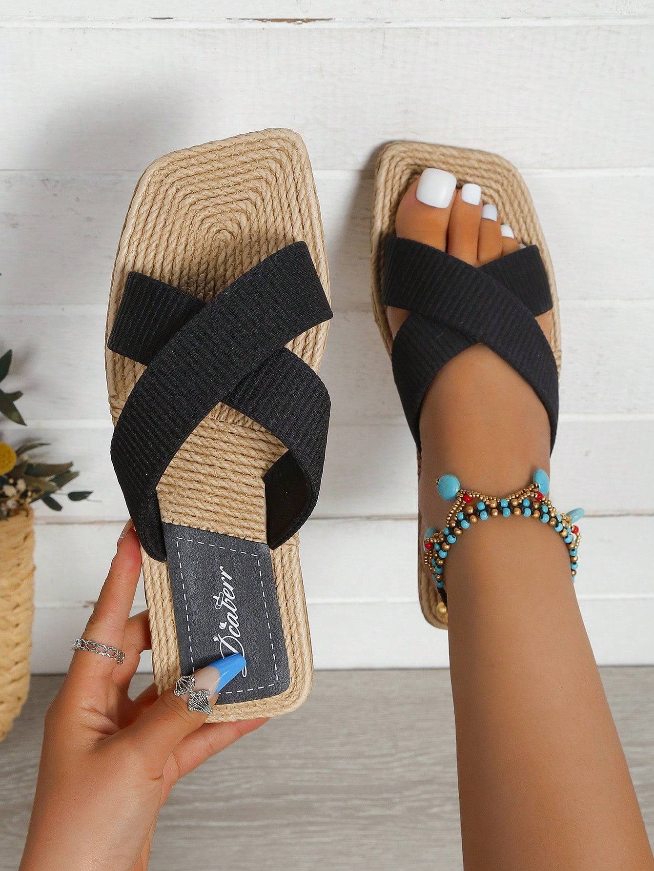 Vacation Slides For Women, Cross Strap Fabric Slippers