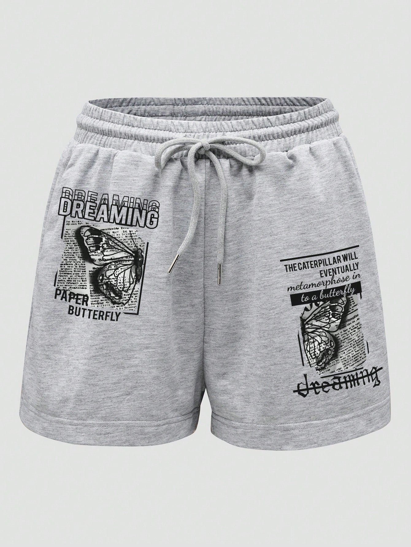 Butterfly & Slogan Graphic Drawstring Waist Track Shorts