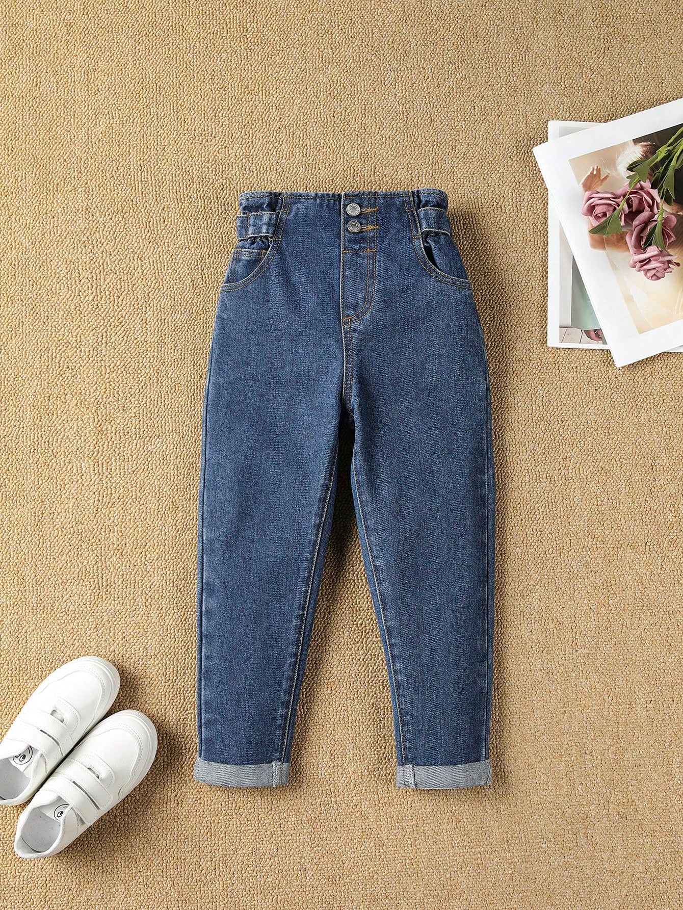 Young Girl All-Match Floral Waist Denim Jeans For School And Fashion