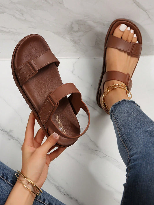 Sporty Brown Sandals For Women, Stitch Detail Hook-and-loop Fastener Sport Sandals