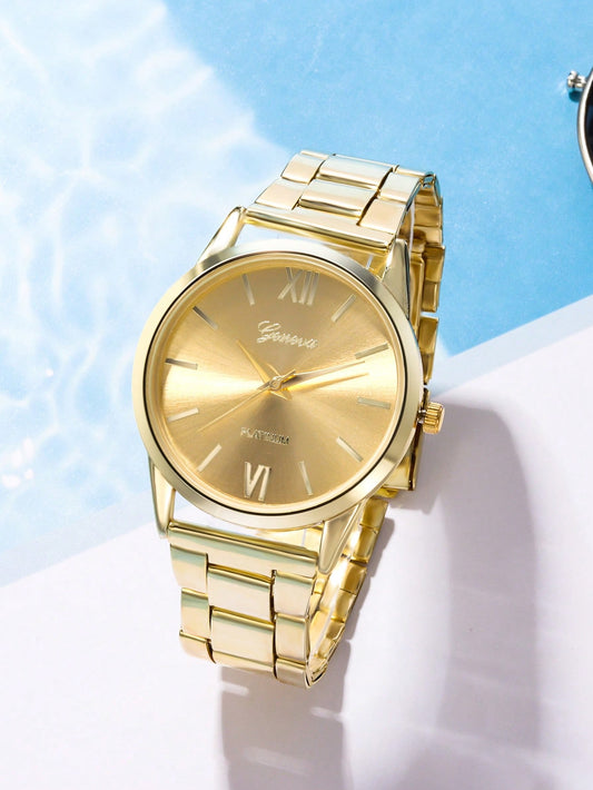 Simple Casual Roman Round Gold Steel Band Boys Girls Big Kids Student Quartz Watch