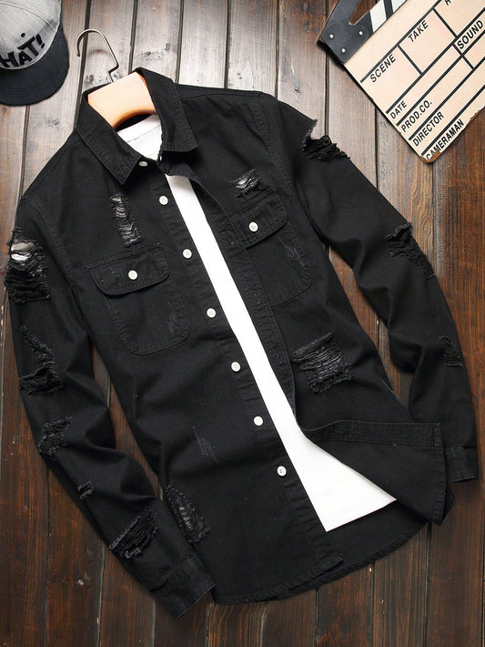 Men Cotton Ripped Frayed Flap Pocket Long Sleeve Button Up Plain Black Denim Shirt Without Tee, Going Out