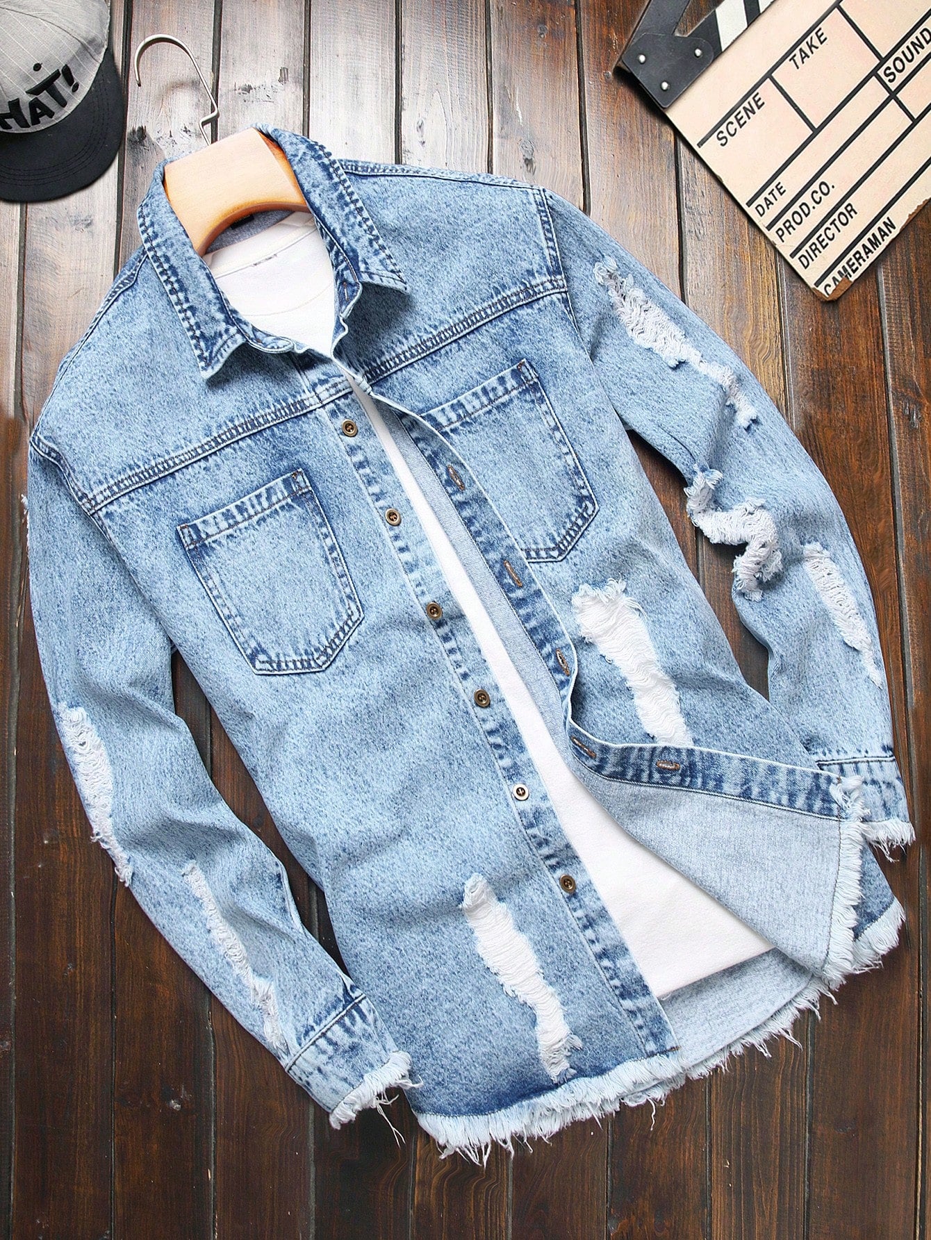 Men Ripped Frayed Raw Trim Denim Shirt Without Tee