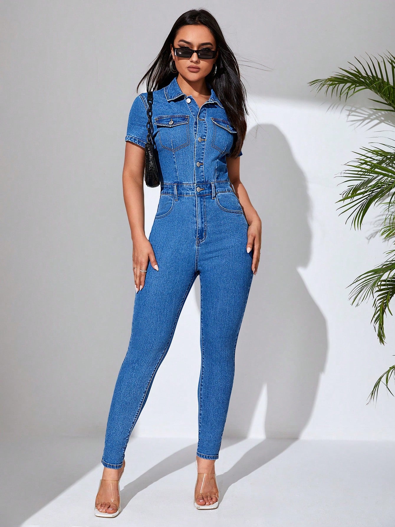 Button Front Flap Pocket Denim Jumpsuit