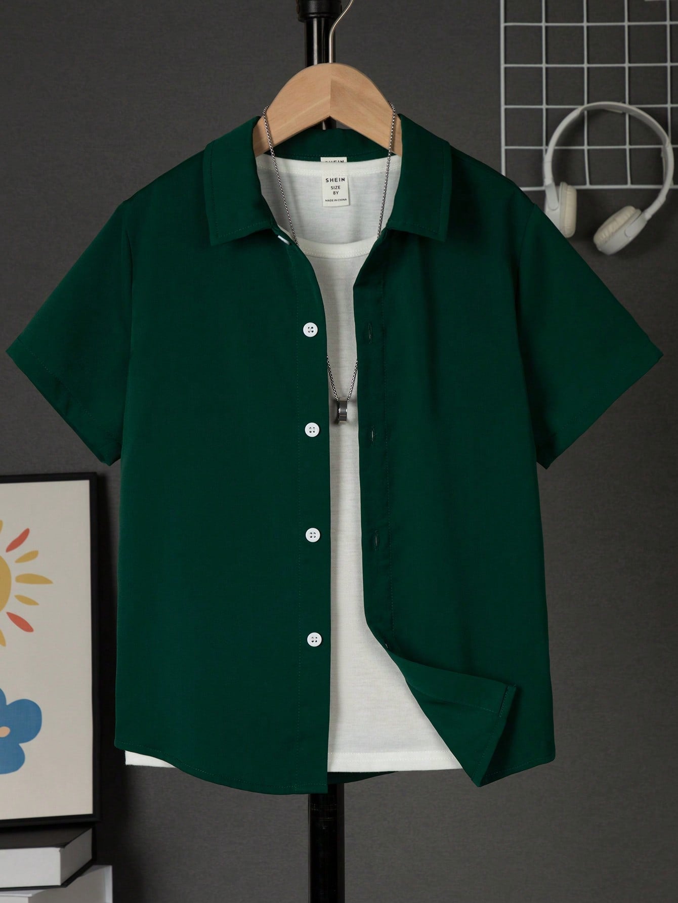 Tween Boys' Vacation Style Solid Color Turn-Down Collar Short Sleeve Woven Shirt