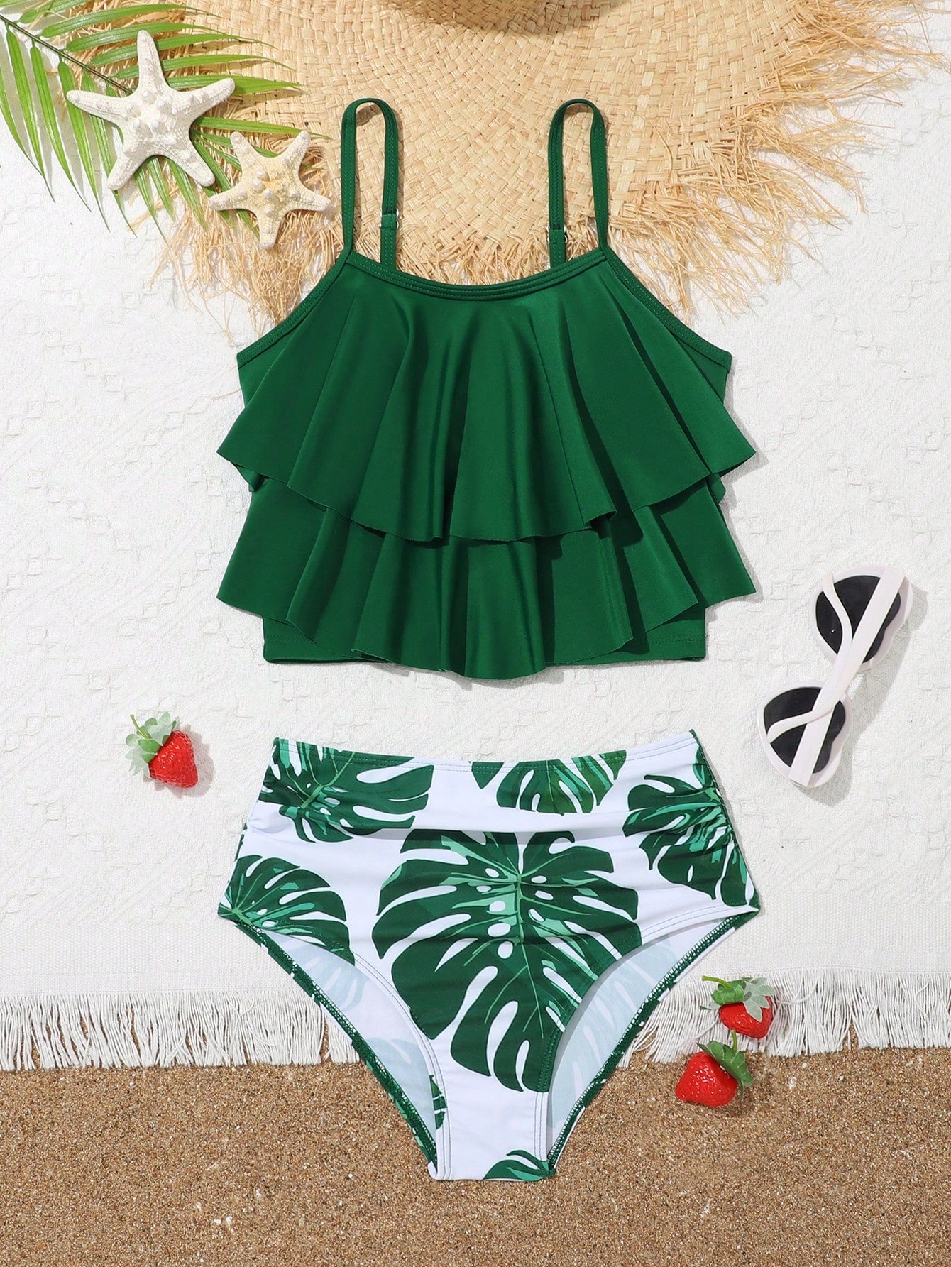 Tween Girl Tropical Print Ruffle Hem Bikini Set Summer Beach