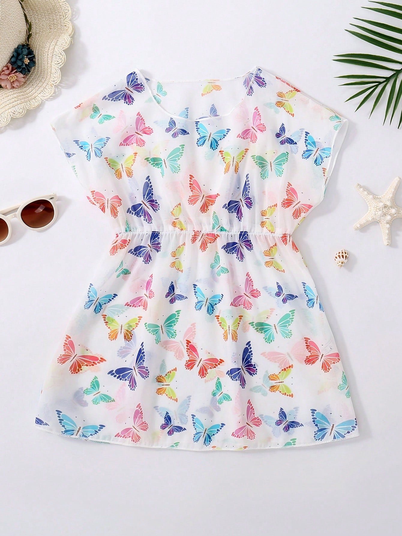 Young Girl Butterfly Print Batwing Sleeve Cover Up