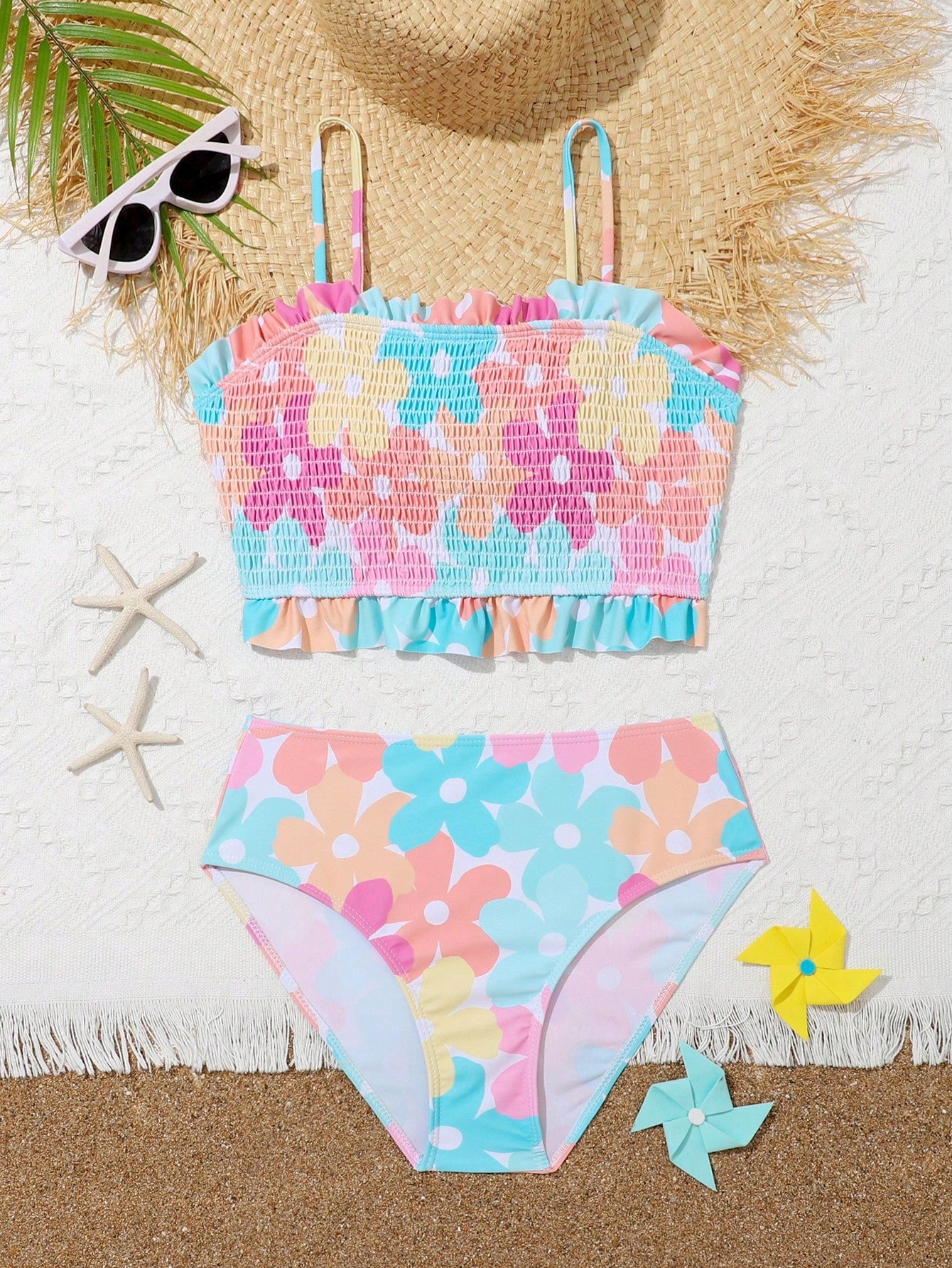 Teen Girl Floral Print Smocked Ruffle Hem Bikini Set Summer Beach