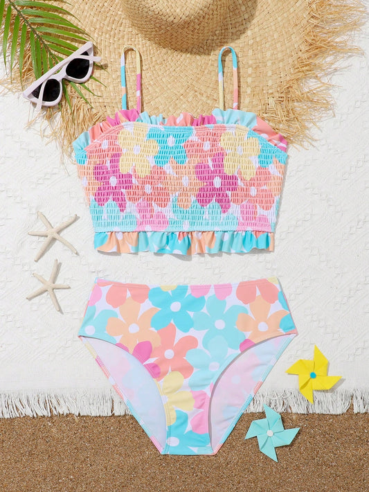 Teen Girl Floral Print Smocked Ruffle Hem Bikini Set Summer Beach