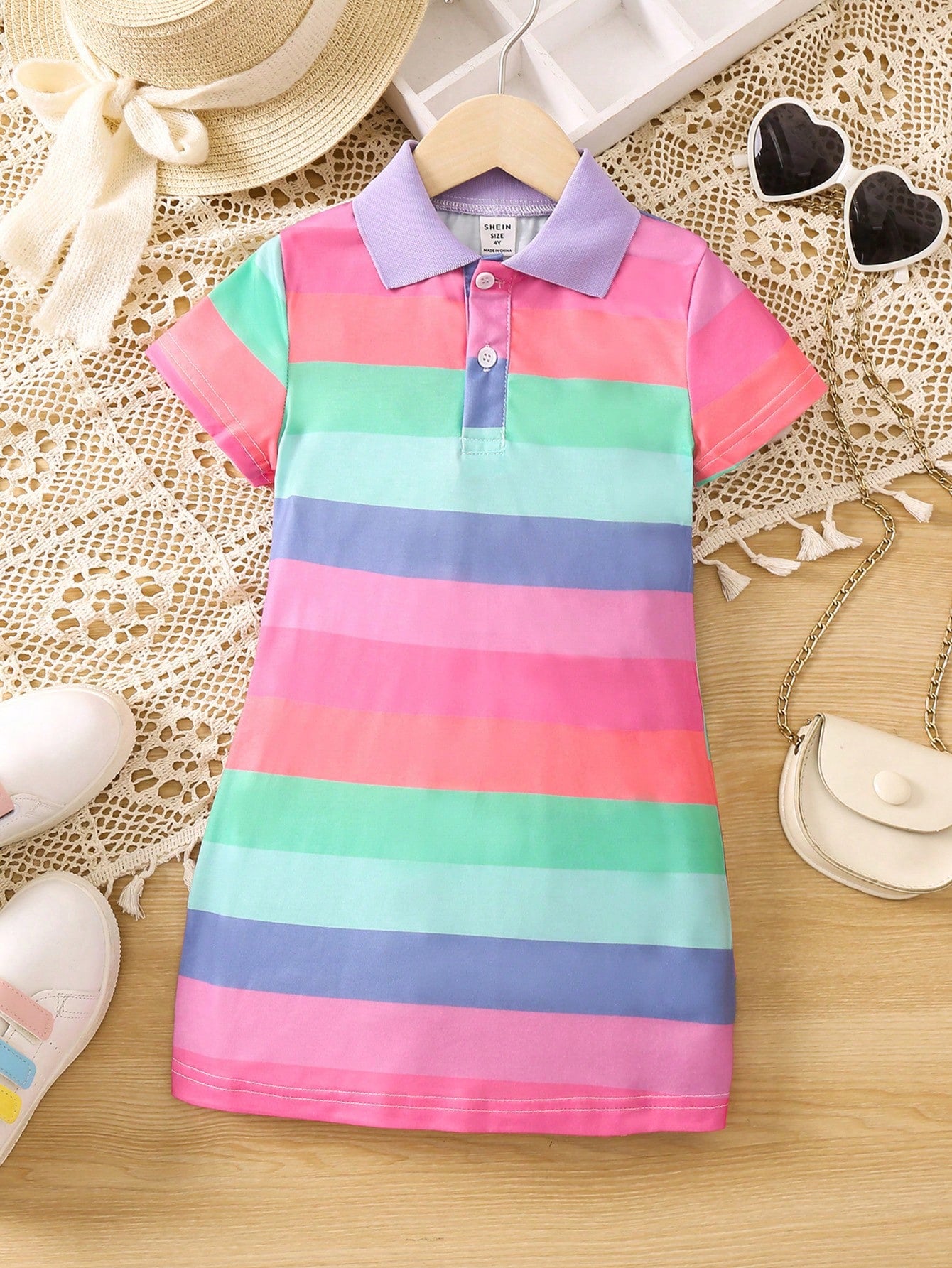 Young Girl Color Block Elegant College Style Simple Polo Collar Regular Sleeve Dress For Summer