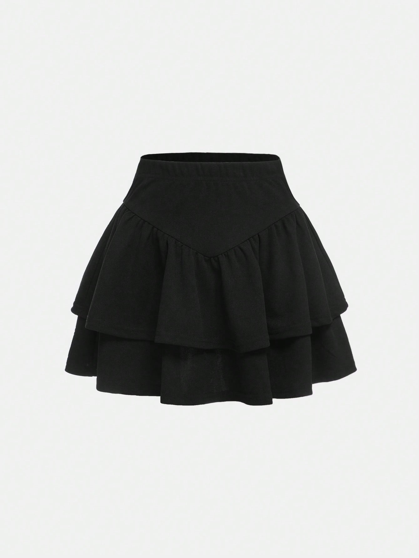 Tween Girl Solid Color Knitted Casual Double-Layered Hem Skirt