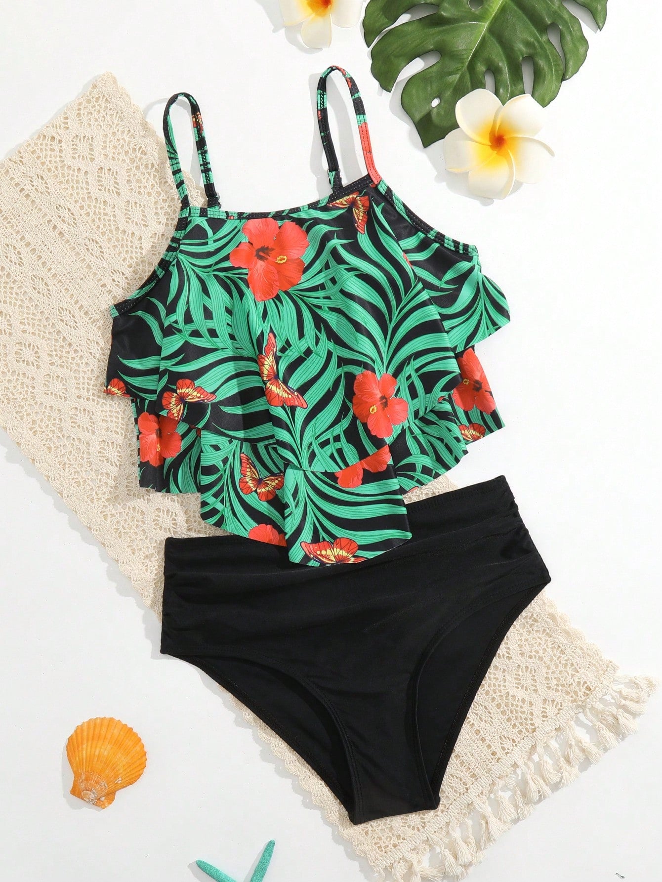 Tween Girl Tropical Print Layer Hem Bikini Set Summer Beach