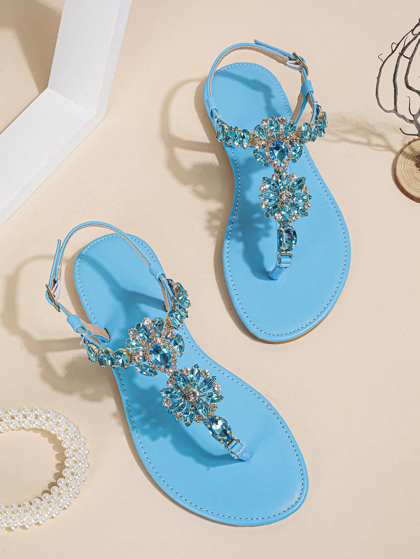 Women Champagne Metallic Rhinestone Decor Thong Sandals, Toe Post T-strap Flat Sandals For Party