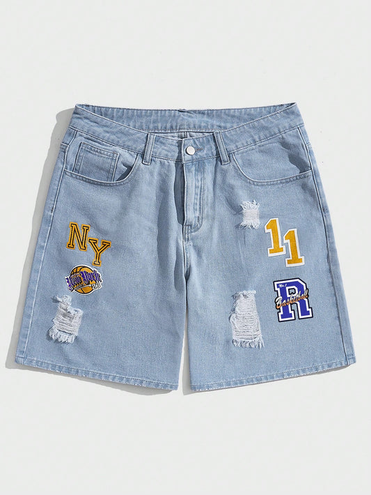 Street Life Men Cotton Letter Graphic Ripped Denim Shorts