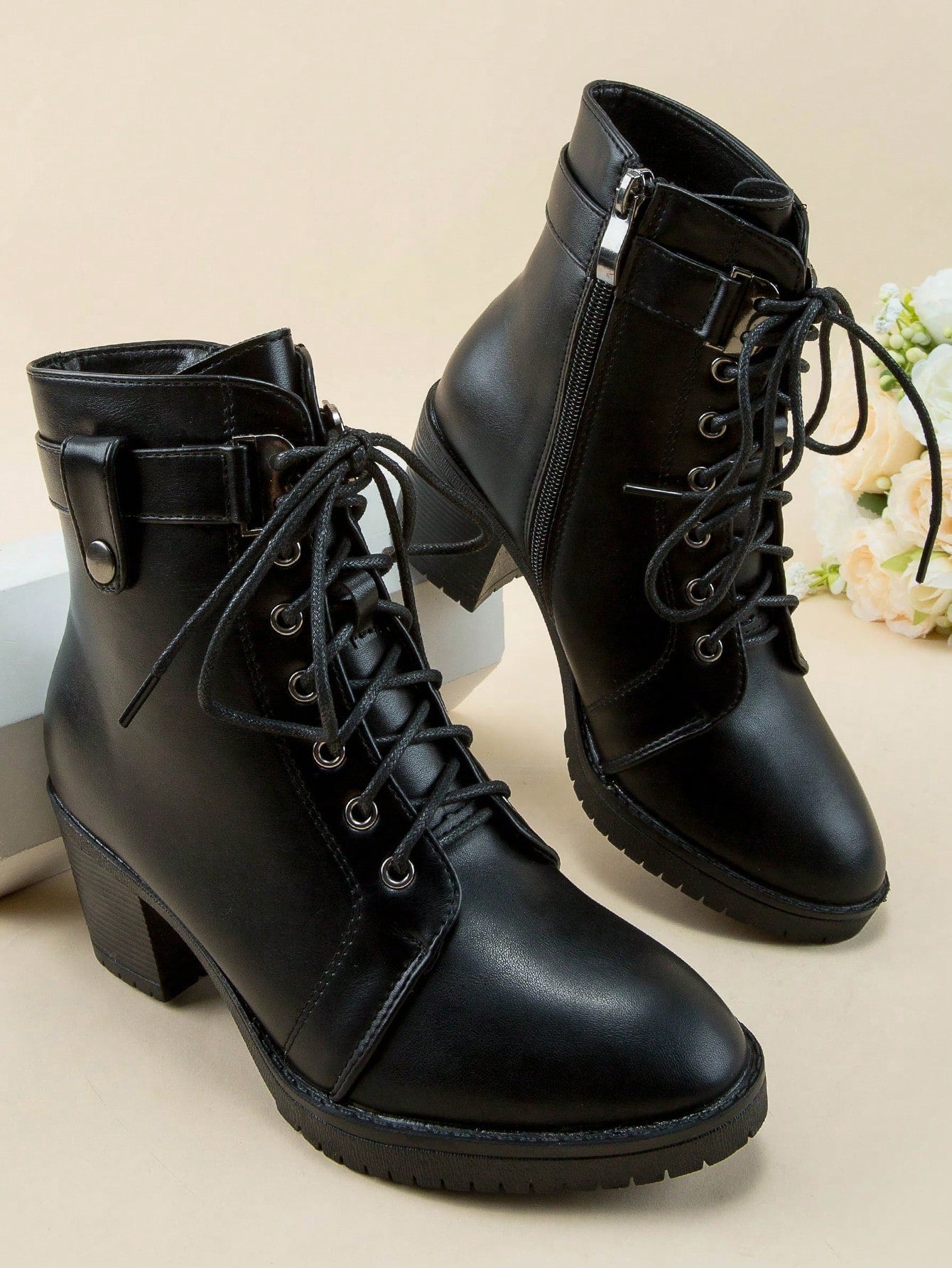 Chunky Heel Thick-sole Zippered Strappy Fashionable Motorcycle Boots For Women