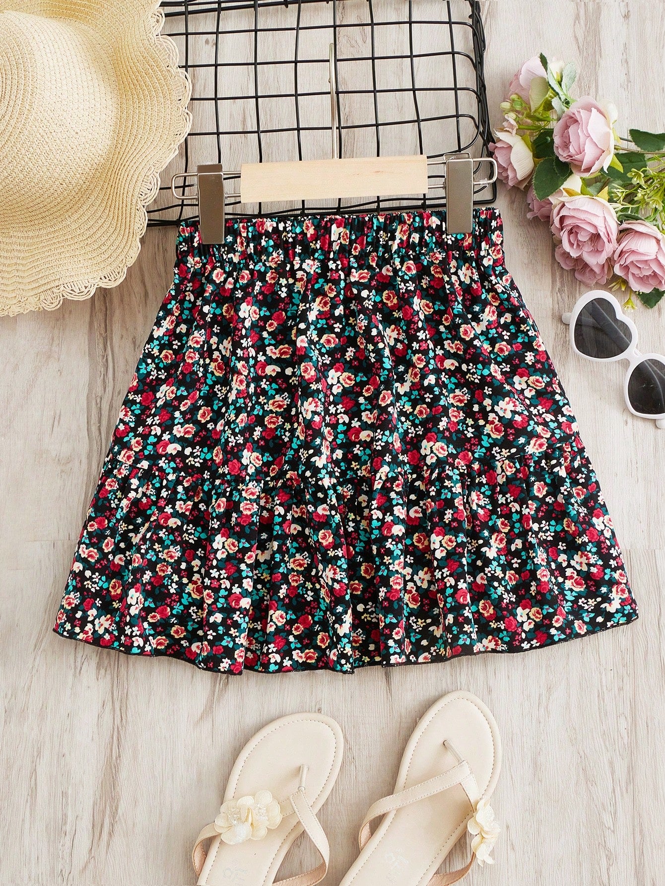 Tween Girl Ditsy Floral Print Paperbag Waist Skirt