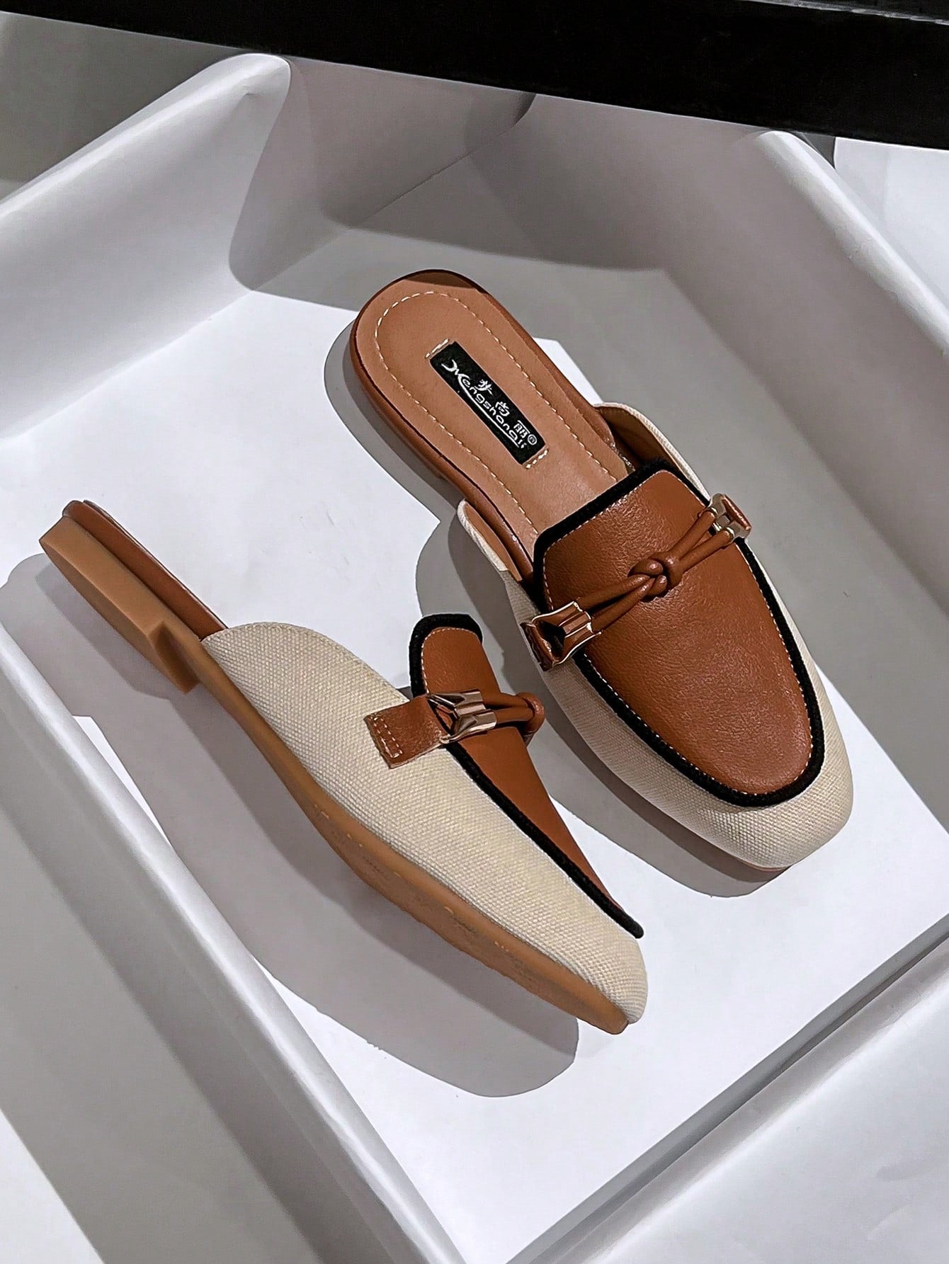 Two Tone Knot Decor Flat Mules, Multicolor Elegant Contrast Color Knotted Mules Heels