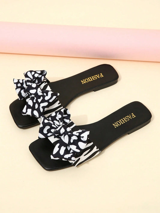 Women Two Tone Bow Decor Slide Sandals, Fashion Summer Flat Sandals