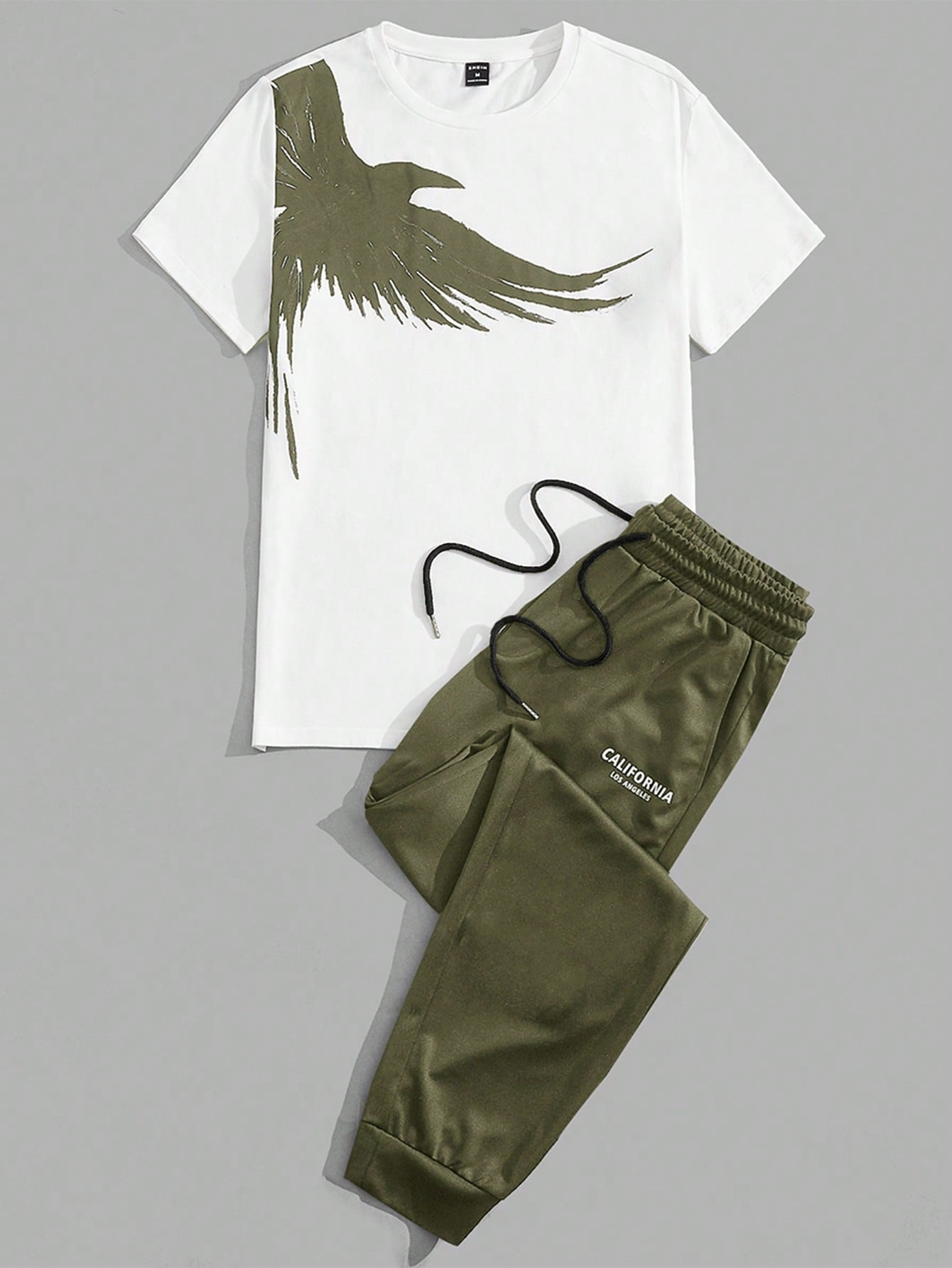 Men Cotton Eagle Print Tee & Letter Graphic Drawstring Waist Pants