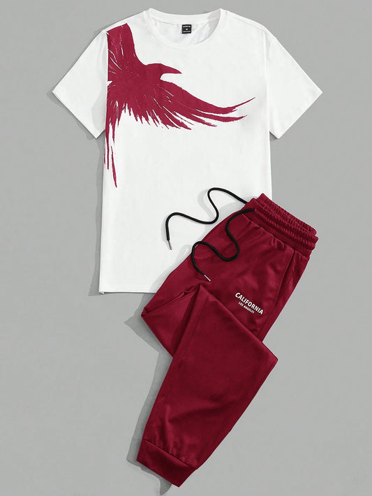 Men Cotton Wing Print Tee & Drawstring Waist Sweatpants