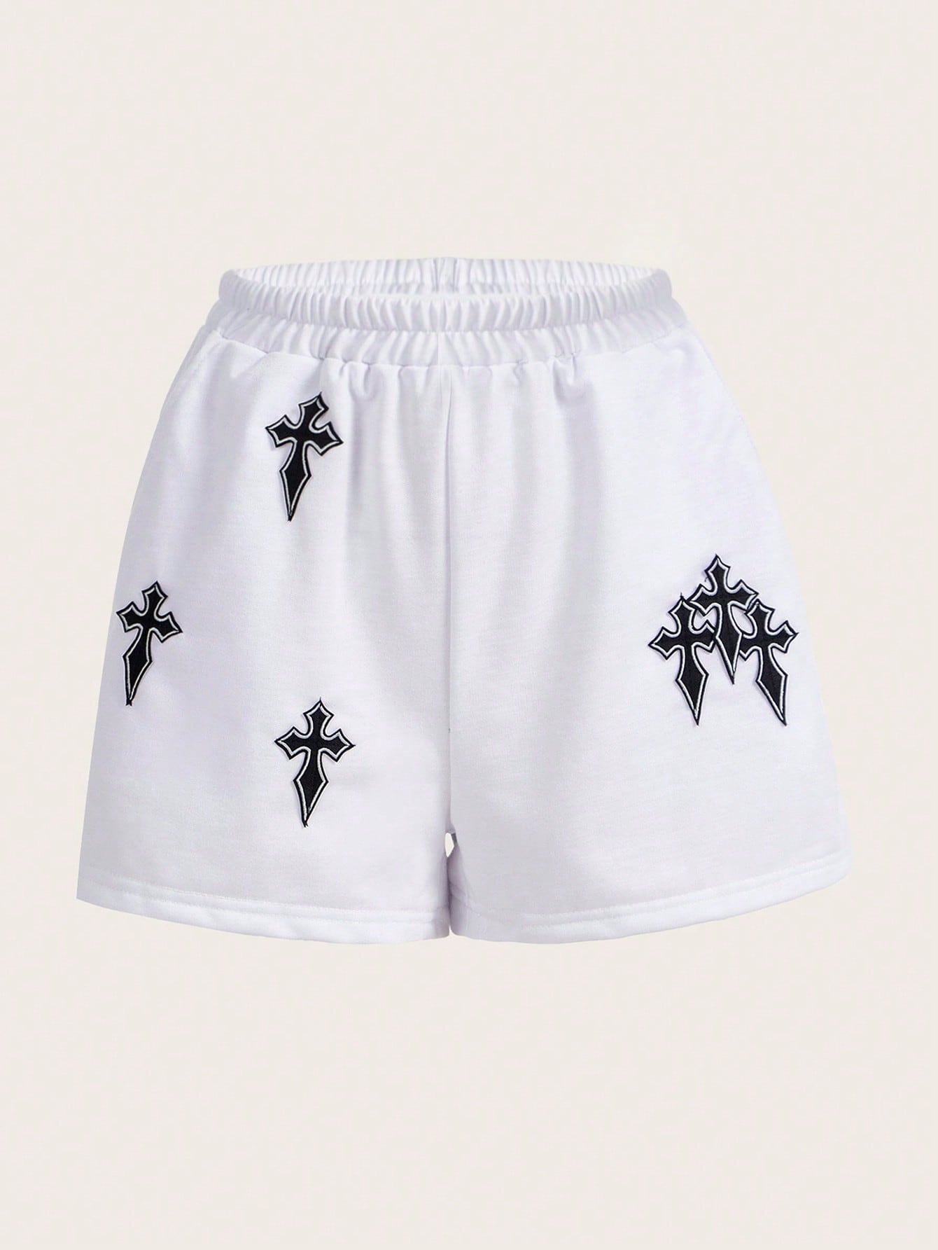 Casual & Cute Elastic Waist Cross Patch Solid Color Ladies' Shorts For Daily Wear And Work Commute