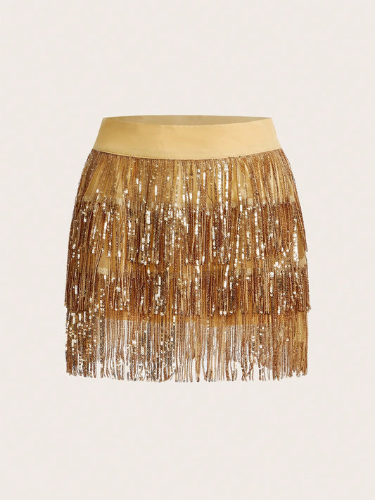 Summer Spring Outfits Music Festival & Party Outfits Ladies" Two-Tone Fringed Sequined Multi-Piece Short Skirt