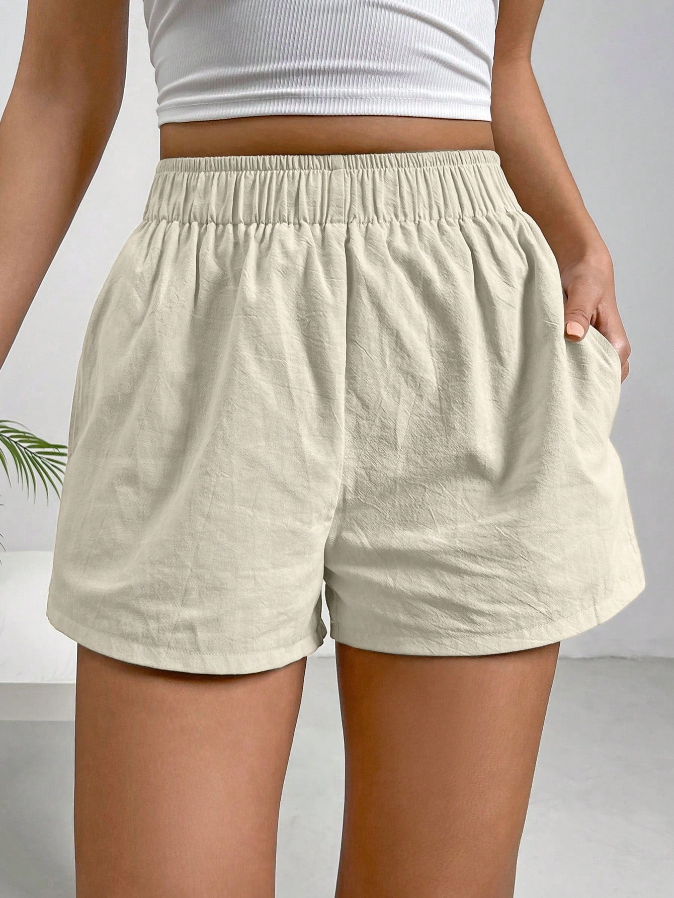 Solid Color Elastic Waist Shorts