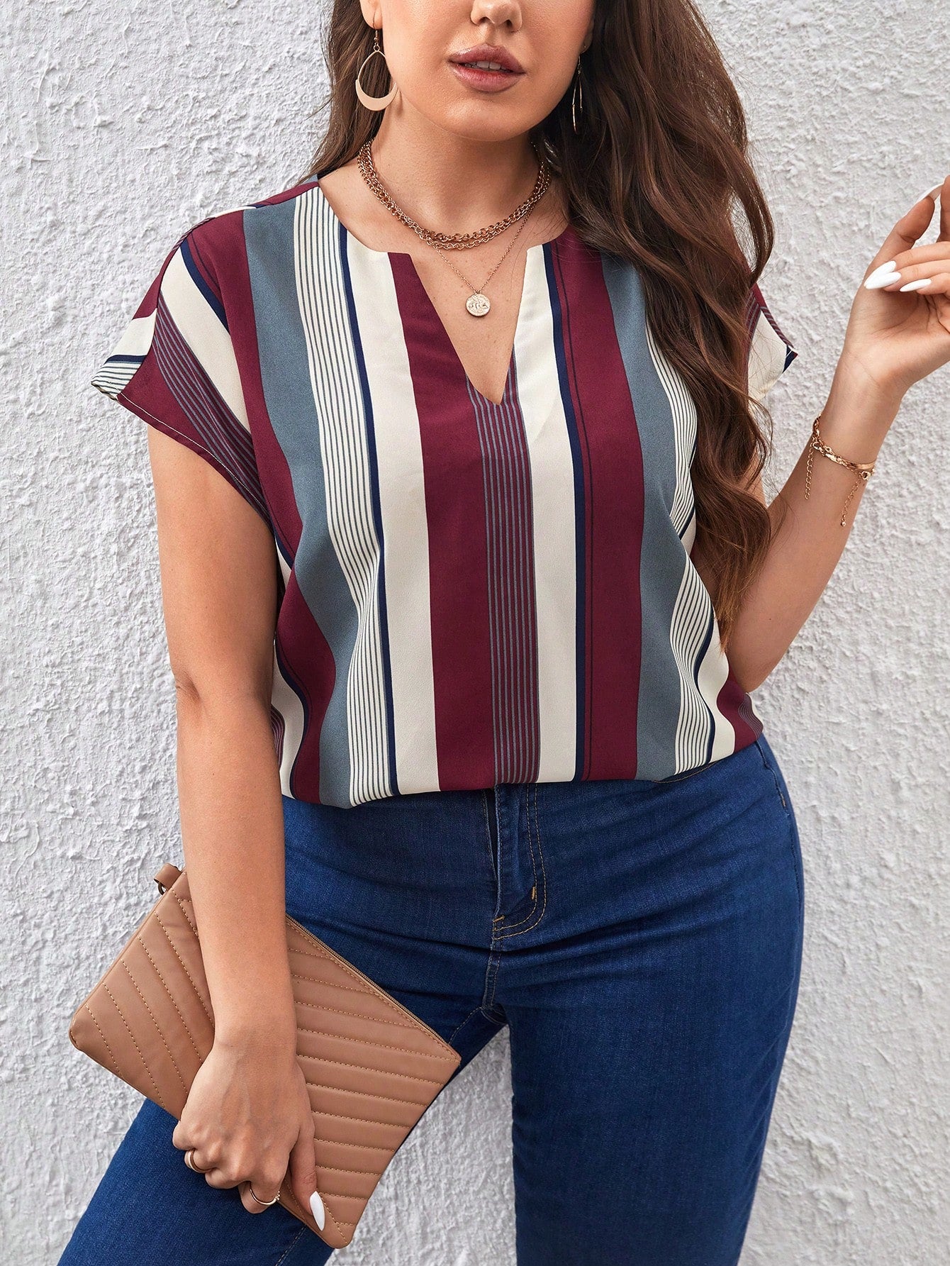 Plus Size Summer Striped Color Block Batwing Sleeve Blouse With V-Neck